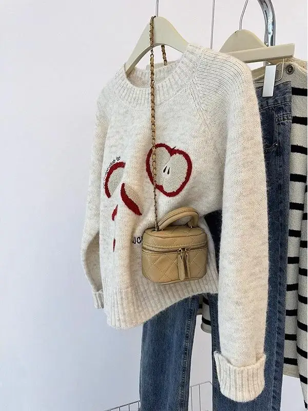 

Cute Pattern round Ne Sweater Women's Loose Fit Soft Knitted Top Korean Sle Autumn Winter New Arrival