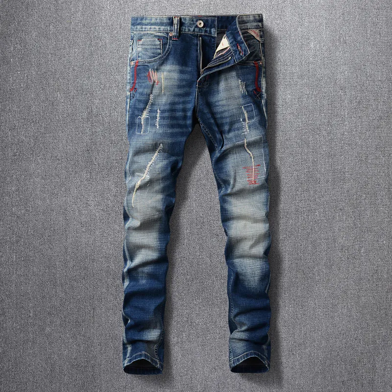 Fashion Designer Men Jeans Retro Black Gray Elastic Slim Ripped Jeans Men Trendy Trousers Embroidery Vintage Denim Pants Hombre