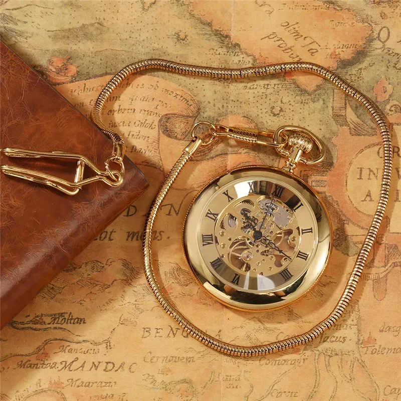 Luxury Yellow Golden Bronze Case Skeleton Display Men Women Handwind Mechanical Pocket Watch Open Face Roman Numeral FOB Chain