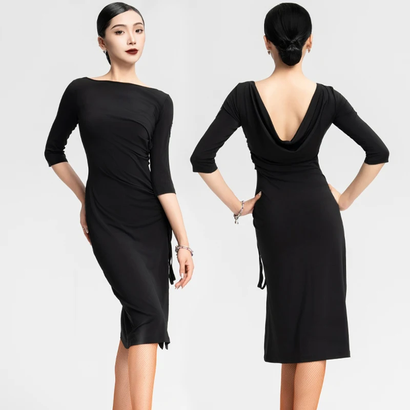 2025년 신상 여성용 라틴 댄스 드레스 섹시한 중간 소매 드로스트링 스플릿 드레스 차차 룸바 탱고 성인 라틴 의상 DN18756