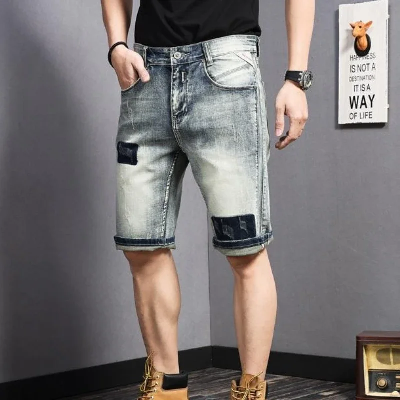 남성용 스트레이트 스키니 데님 반바지, 찢어진 슬림 그래픽 롱 숏 청바지, 버뮤다 하프 포켓, 럭셔리 신상품
