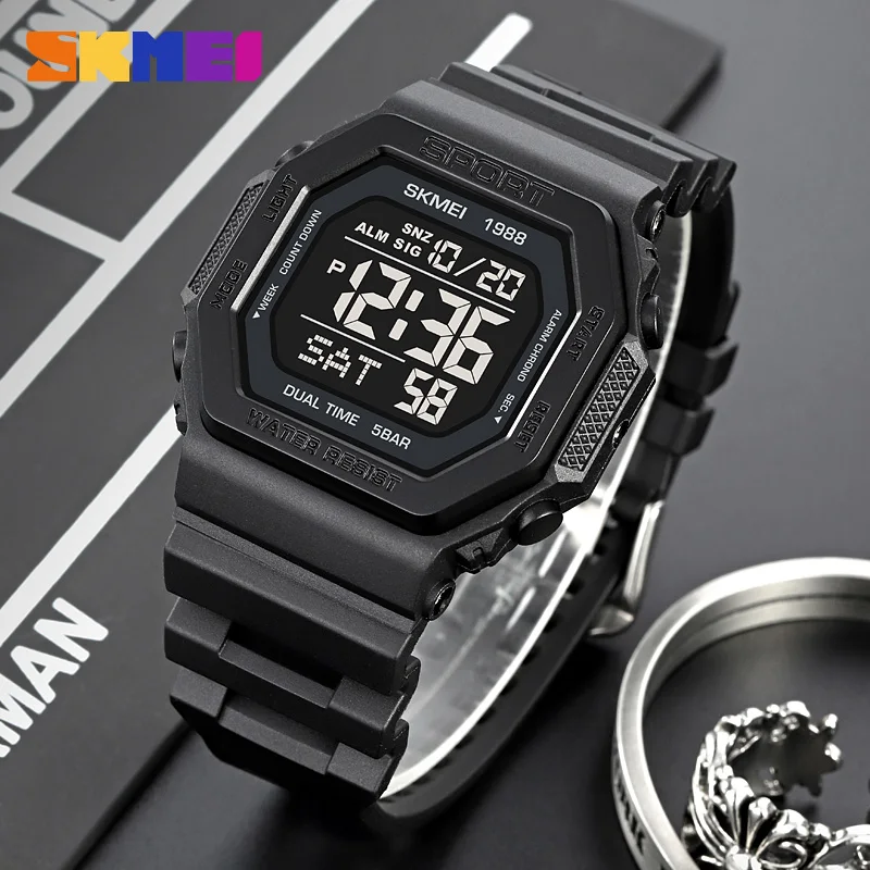 SKMEI 1988 Sports Watch for Men Digital Waterproof Waterproof Wristwatches Mens Back Light Countdown Clock 1628 Reloj Hombre