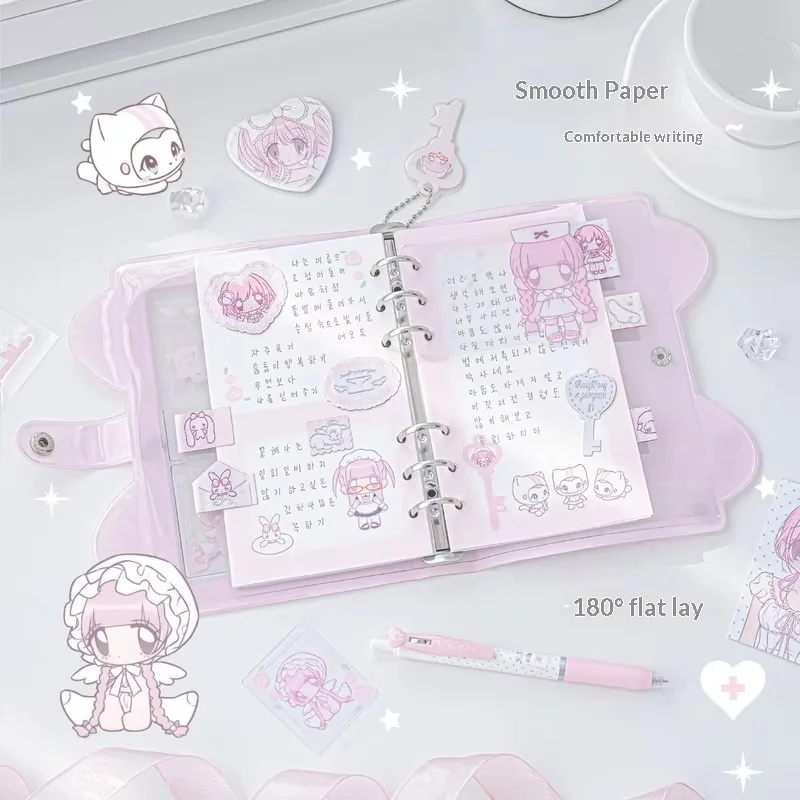 Korean Style Pink Polka Dot Cat Ear A6 Loose Leaf Notebook - Cute Journal Planner for Young Women