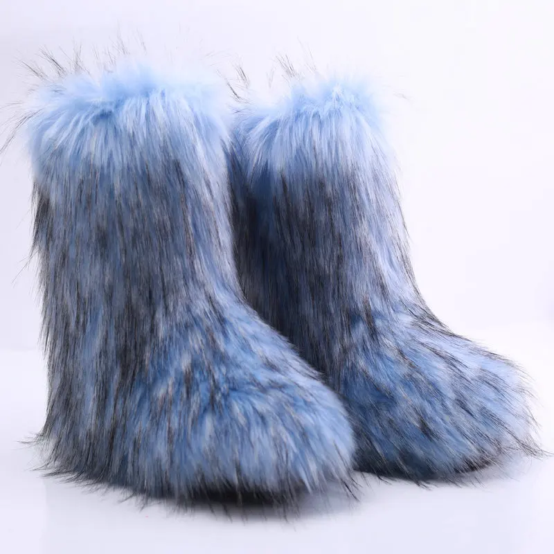 Women Winter Fluffy Faux Fox Fur Boots Luxury Furry Fur Boots Lady Plush Warm Platform Shoes Fashion Snow Boots Sexy Party Shoes