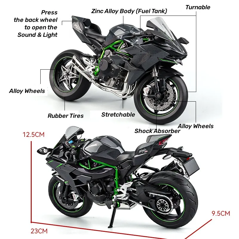 KAWASAKI-juguete Ninja H2R para niños, motocicleta en Miniatura de Metal fundido a presión, modelo de gran tamaño, colección de sonido y luz de