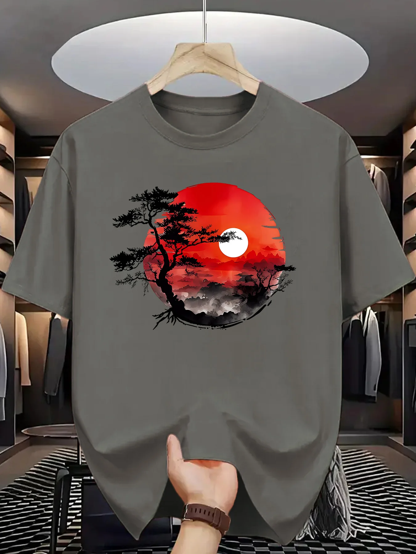 2027 Men's Summer 100% Cotton Fashionable Casual Loose Pine Tree Red Sun Printed Round Neck Short Sleeve Outdoor T-shirt Top