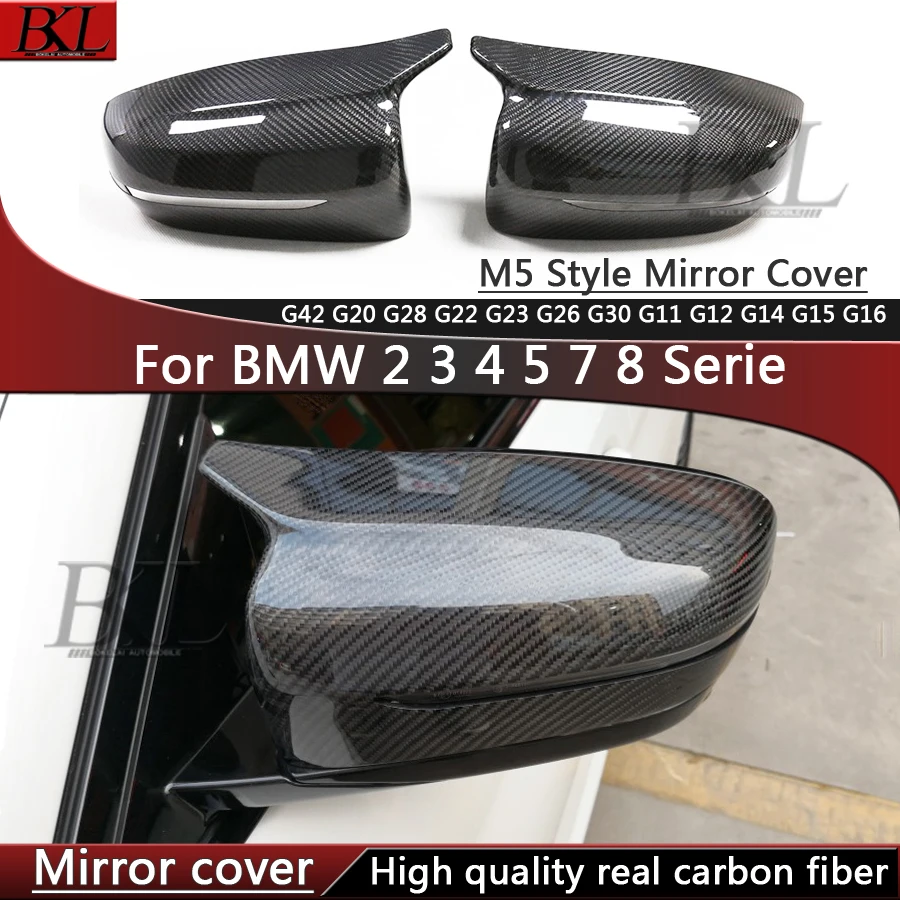 

Для BMW 2, 3, 4 серий G20, G22, G23, G42, 5, 7, 8 серий G30, G11, G14, G15: оригинальные накладки на зеркала заднего вида из карбона.
