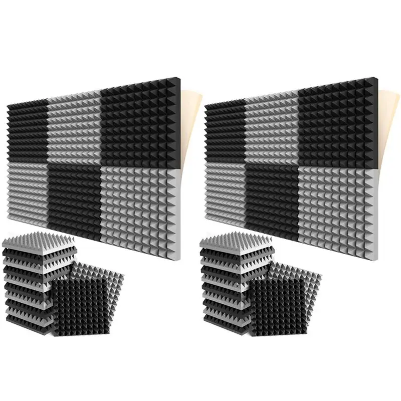 ABGH-24 Pack Self-Adhesive Sound Proof Foam Panels 2X12X12 Inch Pyramid Design Acoustic Foam,For Home Studio,Black + Gray