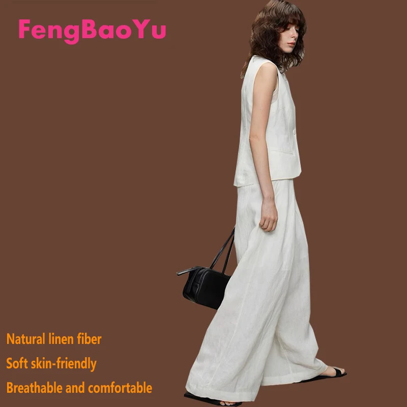 

100% Natural Linen Women's Suit White Sleeveless Shirt and Wide-leg Pants 2 Pieces of Elegant Business Workplace Women Clothing