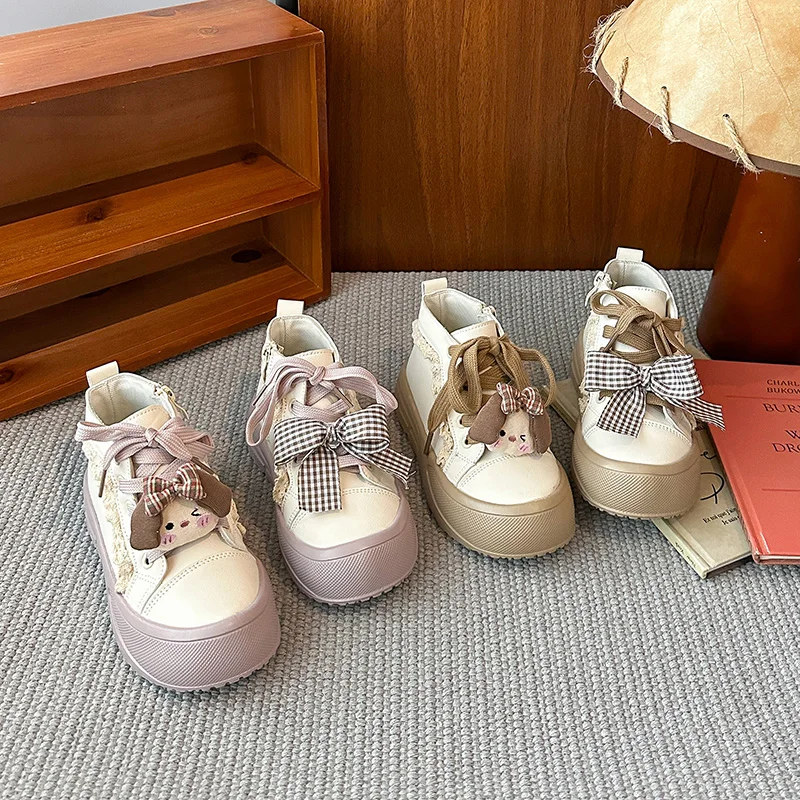 

Girls Ankle Boots with Cute Puppy Kids Princess Casual Boots Sweet Bows 2025 Autumn Winter New Children Short Boots Soft Bottom