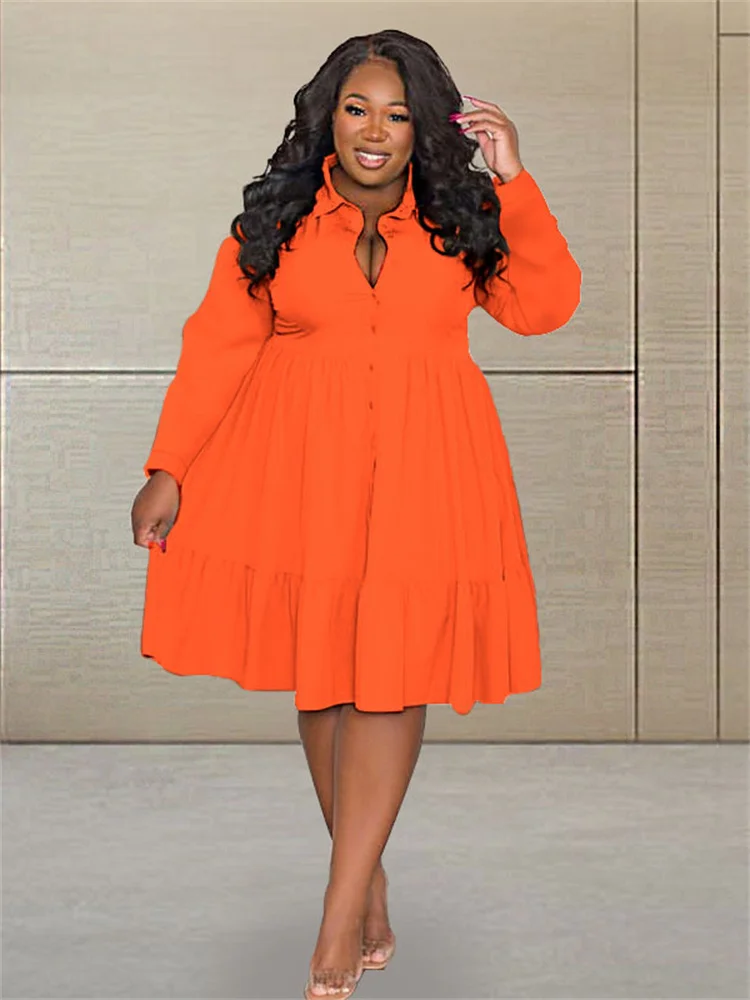 Wmstar Plus Size Dresses Women Clothing Solid Long Sleeve Elegant Casual Cute Ball Gown Shirts Mini Dress Wholesale Dropshipping