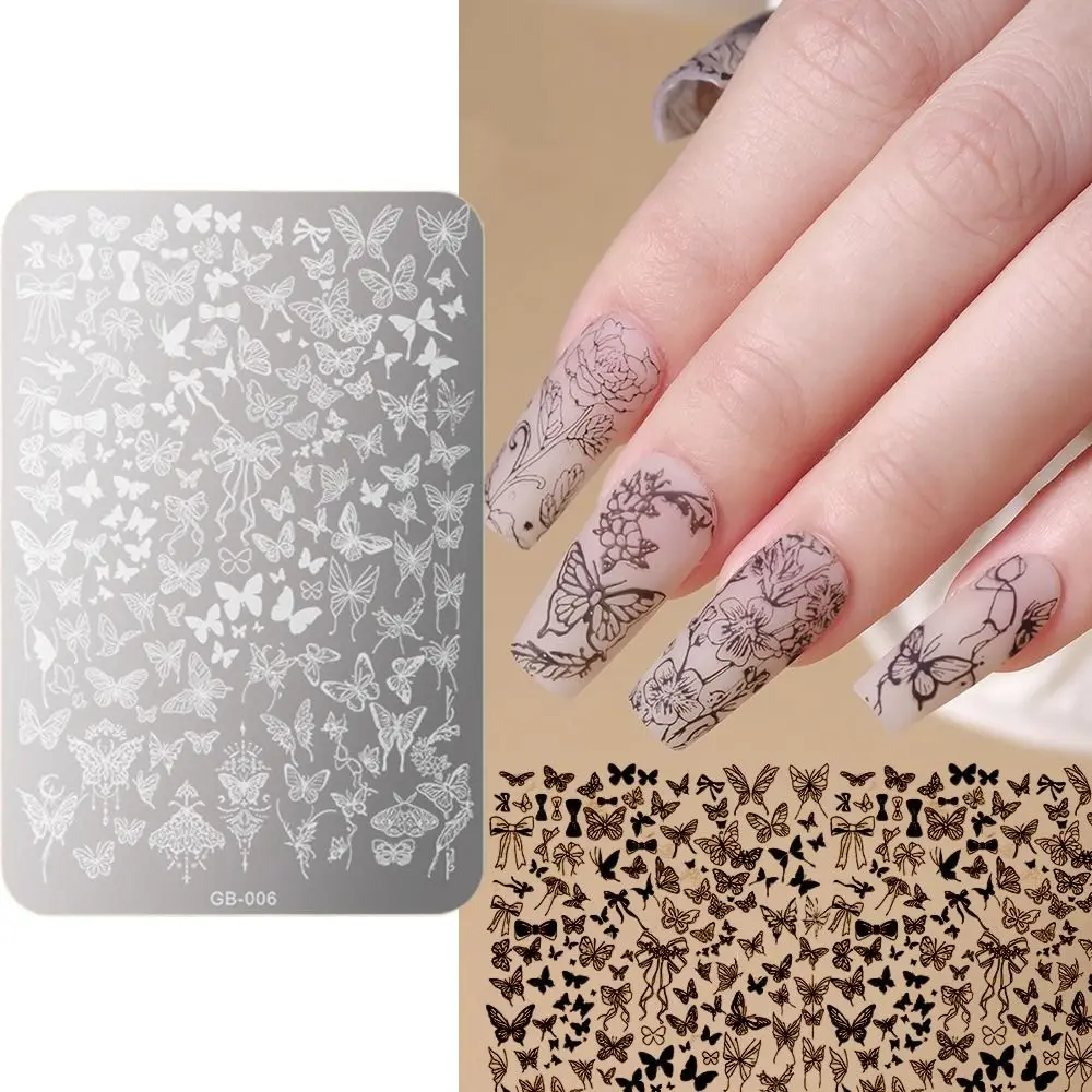 2Pcs Thicken Butterfly Nail Stamping Plate Versatile Patterns Butterfly Bow Lace Flowers Nail Template Plate Stainless Steel