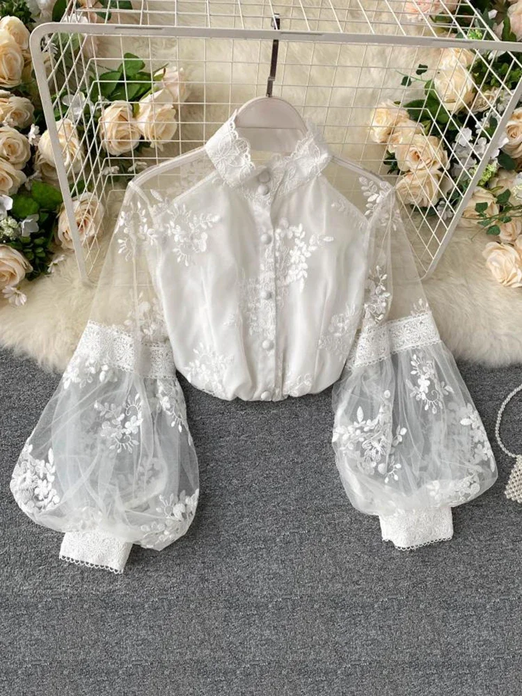 Women French Mesh Lace Blouse Stand Collar Three-dimensional Embroidered Puff Sleeves Court Style Slim Shirt Female Blusa PL610