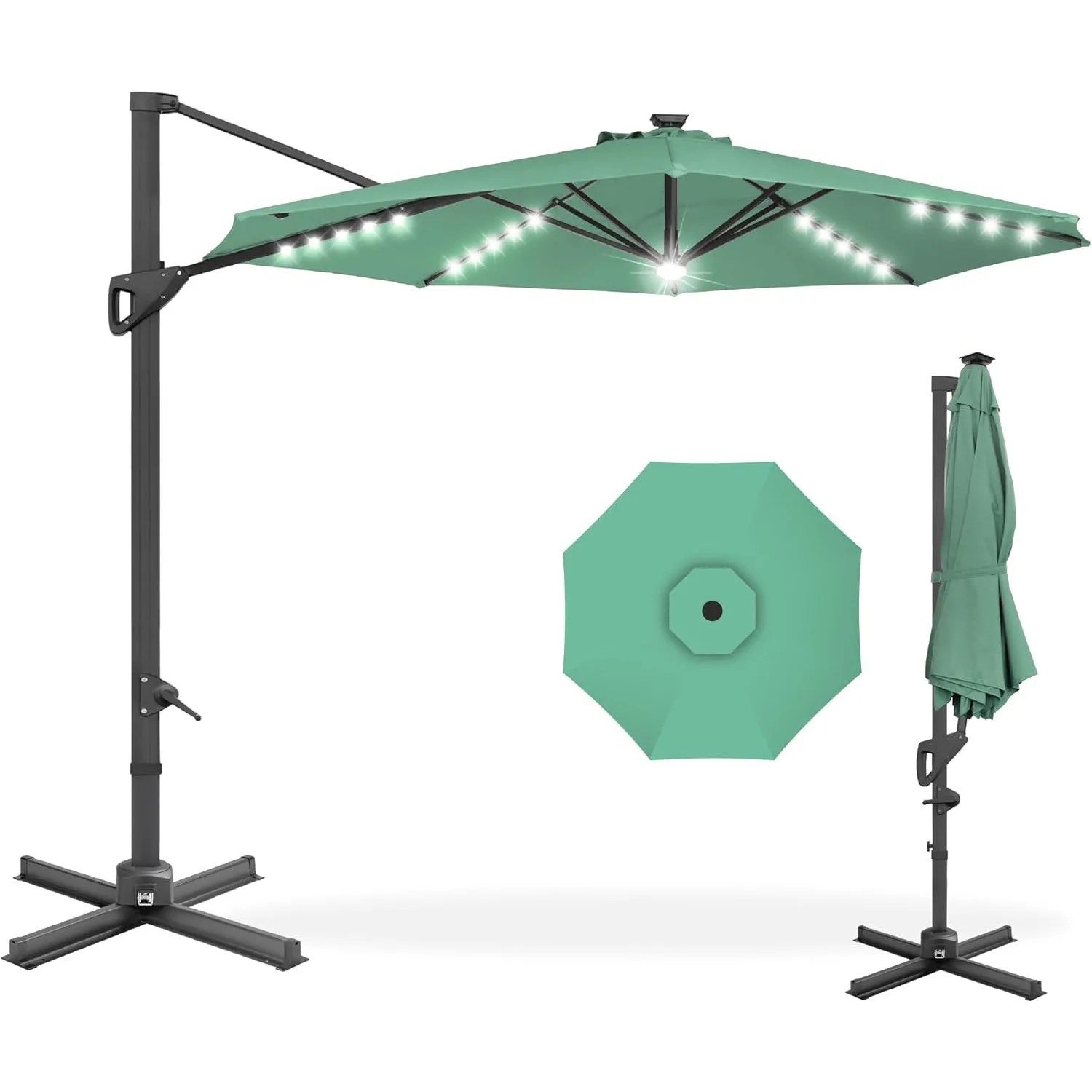 

Best Choice Products 10ft Solar LED Cantilever Patio Umbrella 360-Degree Rotation Hanging Offset Market Sun Shade Seaglass