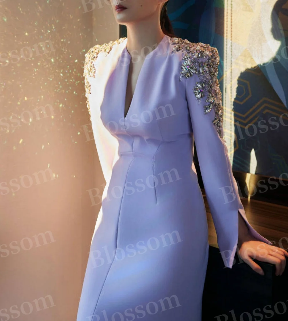 Lilac Rhinestone Beaded Prom Dresses Long Sleeves Floor-length V-neck Zipper-up Elegant Evening Dresses 2024 Formal Party Gown