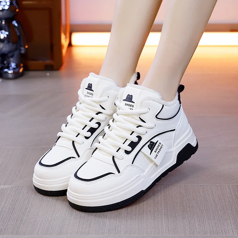 

NEW Winter Warm White Shoes for Women Sneakers Fashion Students Board Shoes Lady Leather High Top Casual Flat Non Slip Trainers