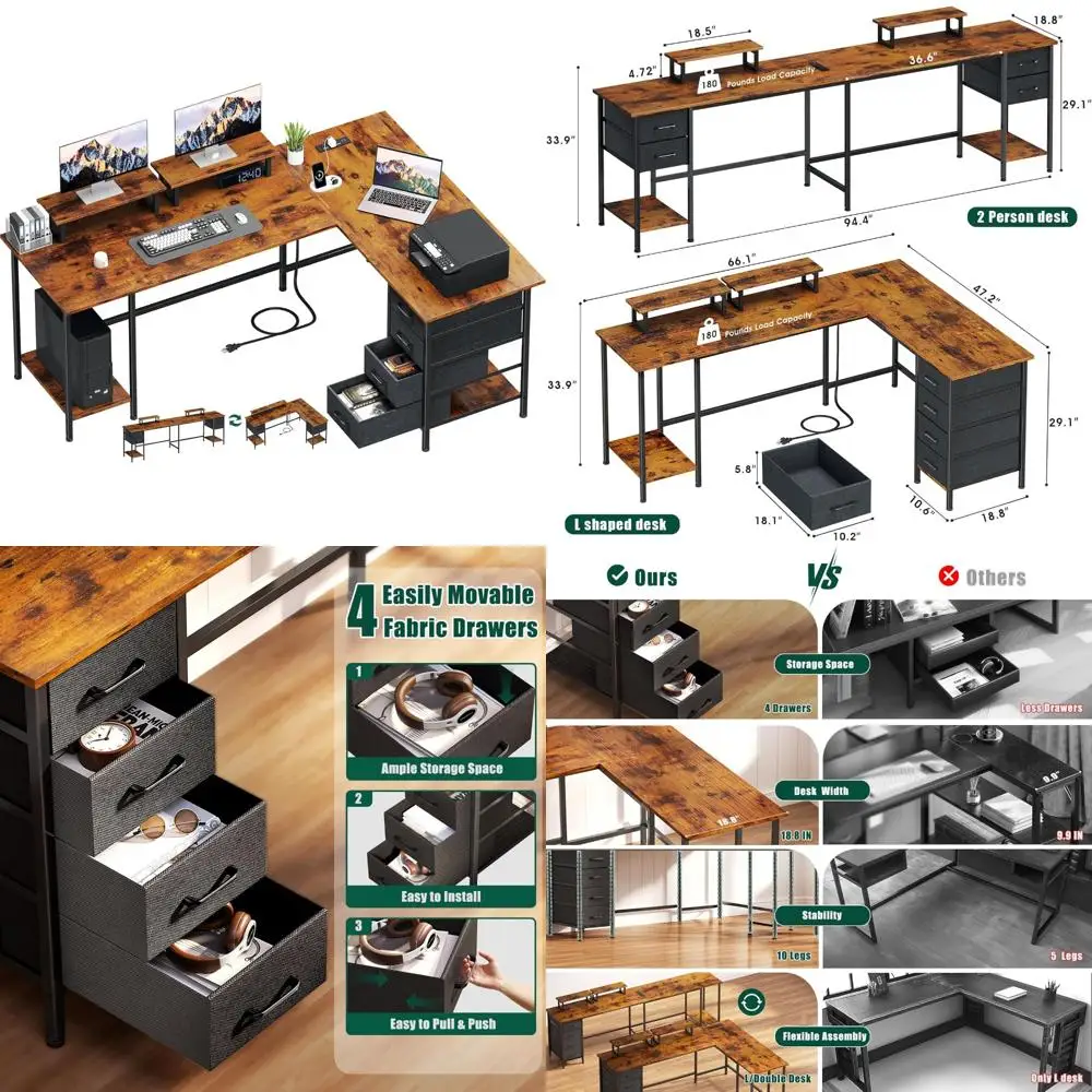

Ergonomic Corner Desk with Outlets, 4-Drawer Home Office Desk, Dual Monitor Stands, Spacious Workstation