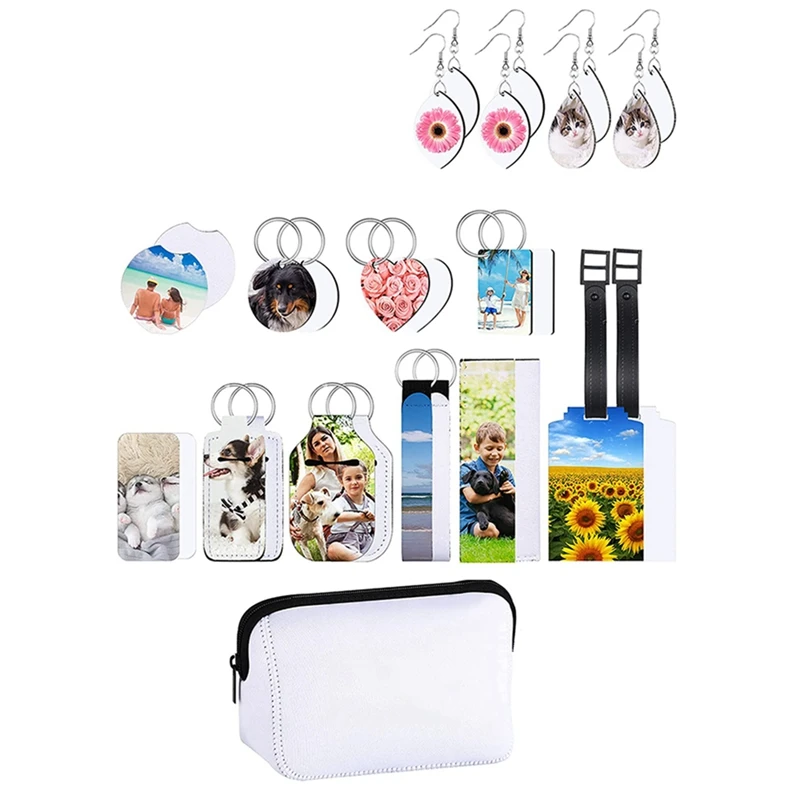 29Pcs Sublimation Blanks Products Set Including Makeup Bag Cosmetic Pouch, Earrings, Keychain,Drink Cup Coasters For DIY