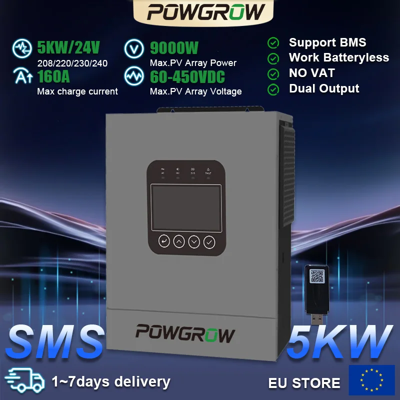 POWGROW 5KW 24V Hybrid Solar Inverter Pure Sine Wave 230VAC Inverter PV Input 500VDC with Dual Output Includes Wi-Fi Module