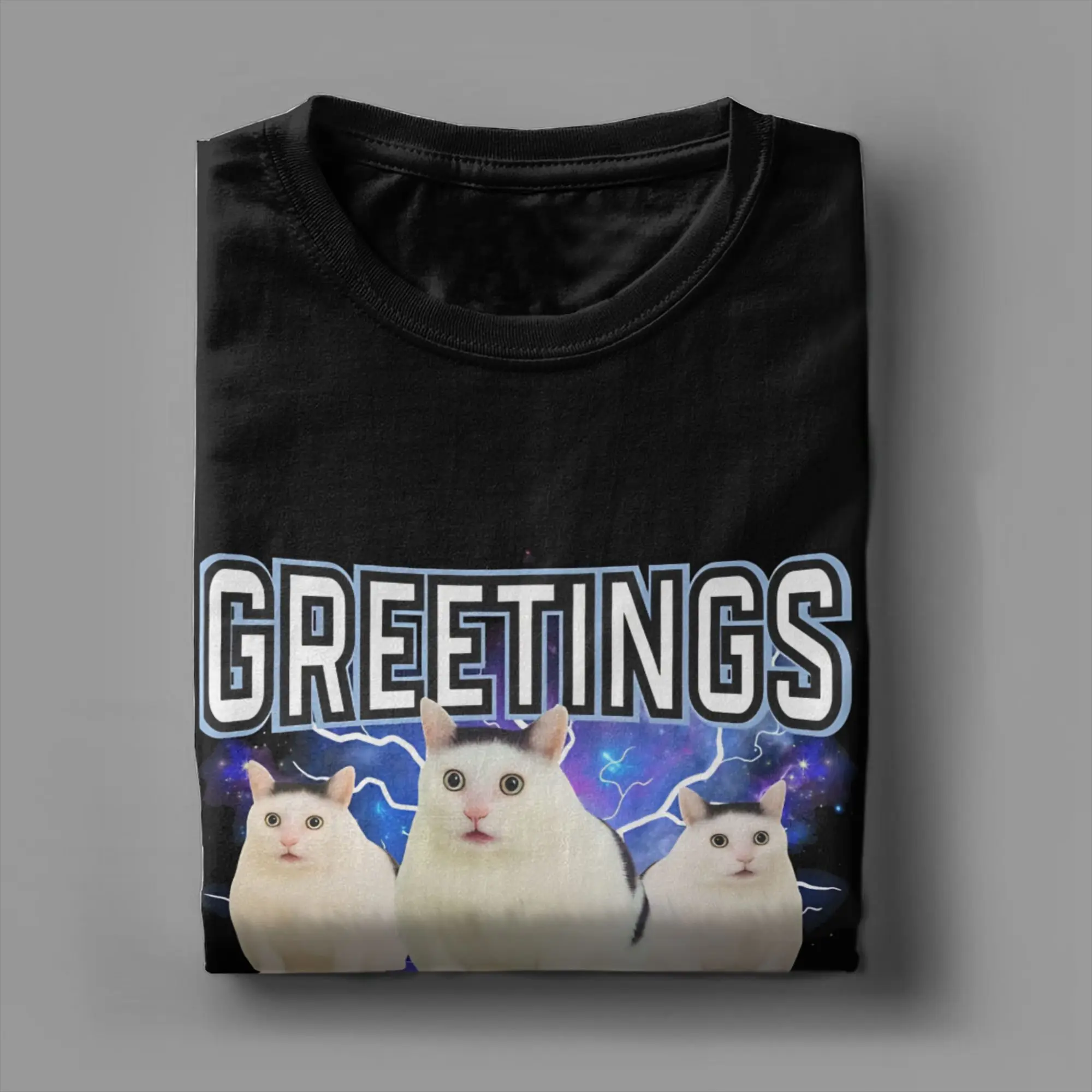 Oversized T-Shirt Greetings Huzz Funny Silly Cat Meme Fashion T-Shirts Cotton Tshirt for Men's Y2K Casual Short Sleeve Tops