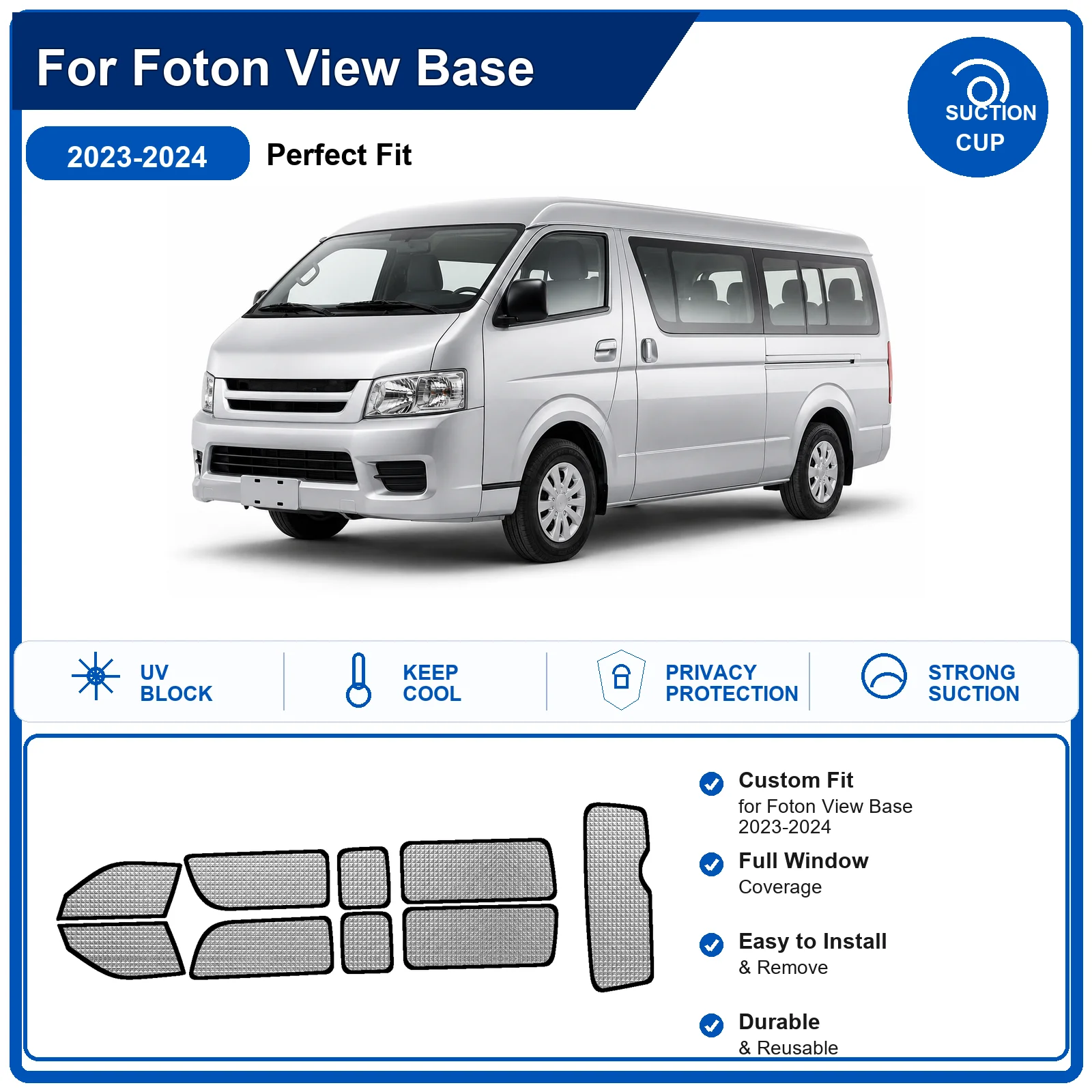 For Foton View Base 2023-2024 Custom Full Set Windshield Sun Shade Aluminum Foil Heat Insulation Anti UV Foldable