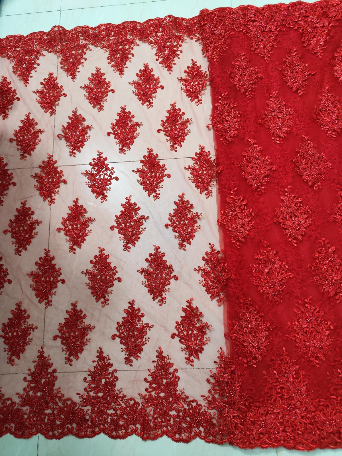 Luxury Handmade Beads Red French Tulle Lace Fabric Sequins Embroidery African Nigerian Lace Fabric For Evening Dress KWH23108