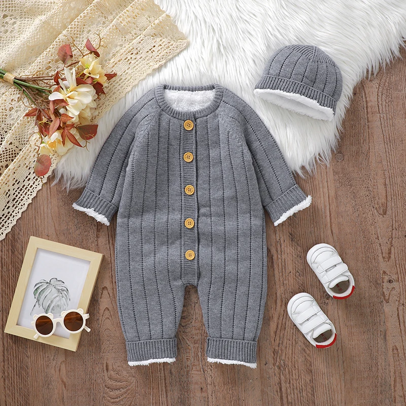 Winter Baby Romper Knitted Newborn Girl Jumpsuit Outfit Long Sleeve Infant Boy Clothes Hat 2pc Overalls 0-18M Fashion Solid Warm