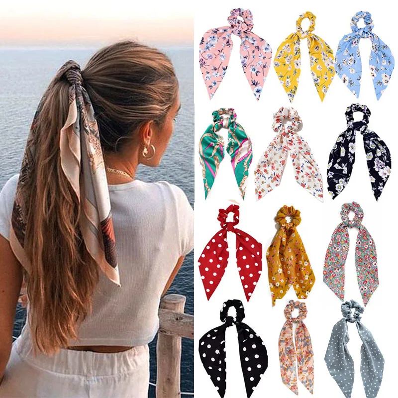Moda leopardo impressão arco cetim longo fita rabo de cavalo lenço de cabelo gravata scrunchies feminino meninas elástico faixas de cabelo