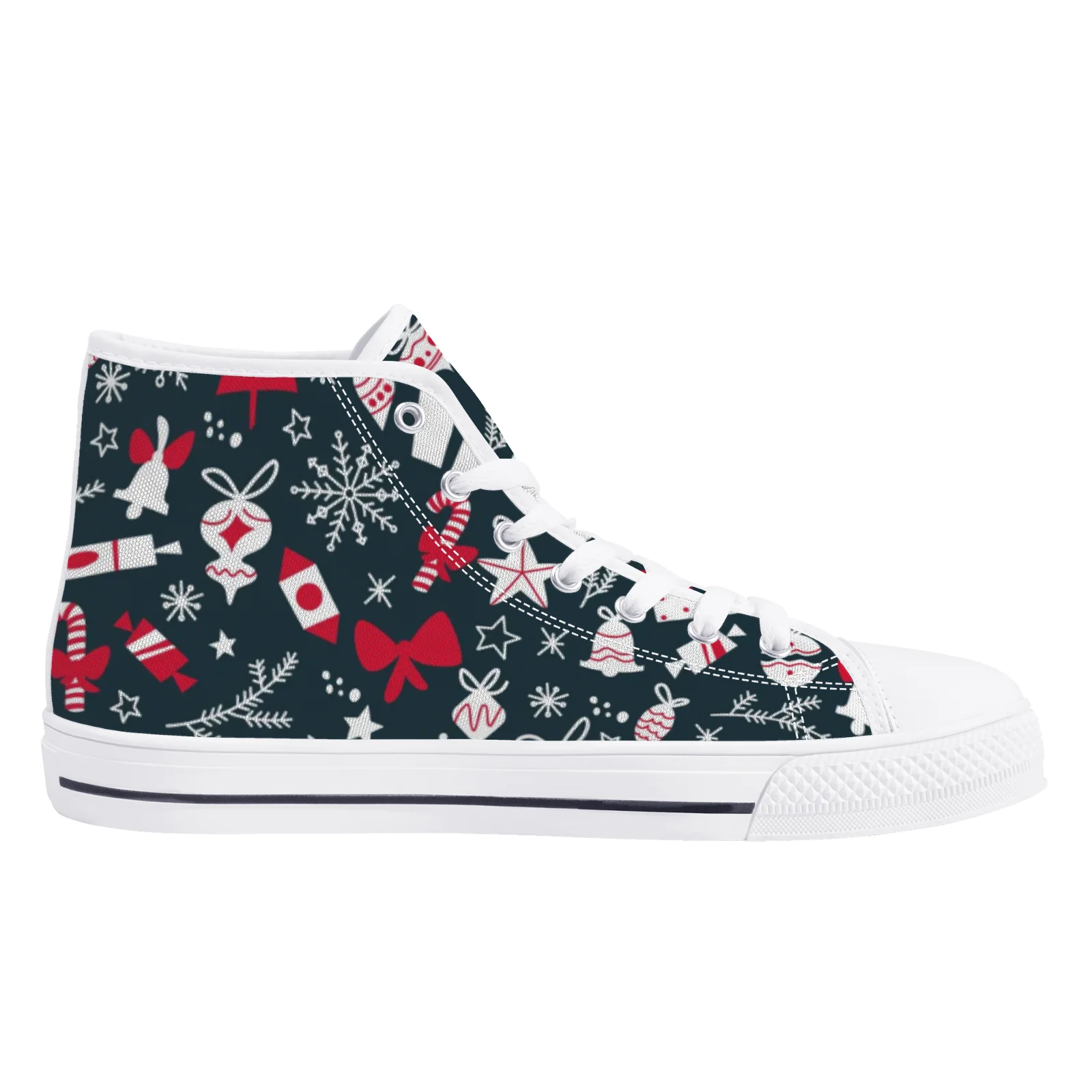 

Christmas-themed printed classic black high-top canvas shoes with a stylish and versatile white sole