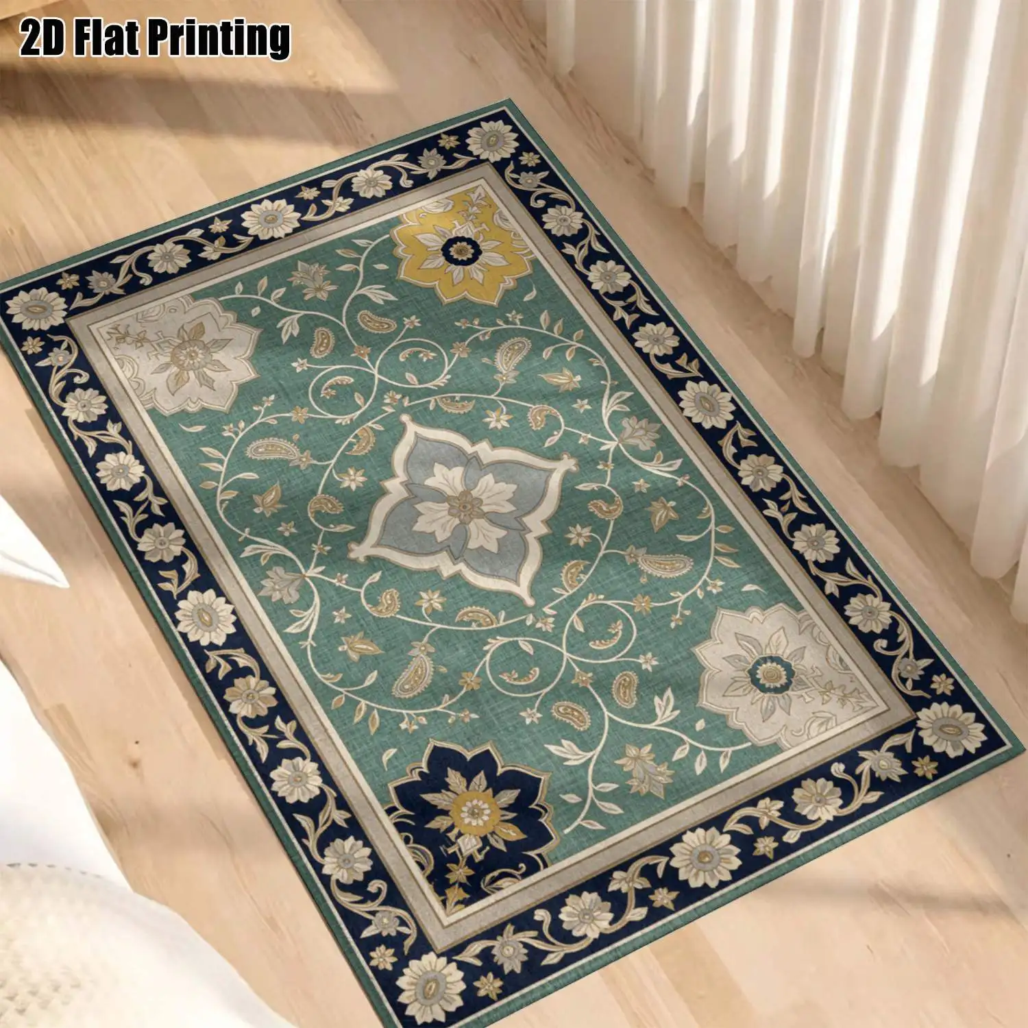 1Pc 2D Printed Carpet: Blue-Green Floral & Leaf Patterns, Vintage European Style, Geometric Design, Machine Washable, Multi-Size, Ideal for Home Decor Such as Living Room, Bedroom, Dining Room, Entryway, and Study