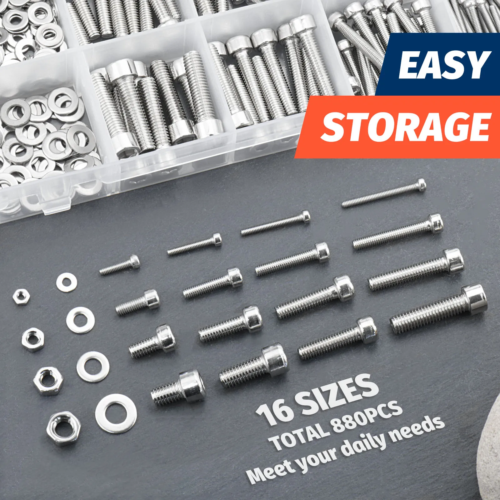 880 Metric Bolt Assortment M2 M3 M4 M5 Stainless Steel Screws Nuts and Washers 8mm-20mm Hex Socket Head Cap Machine Screw Silver