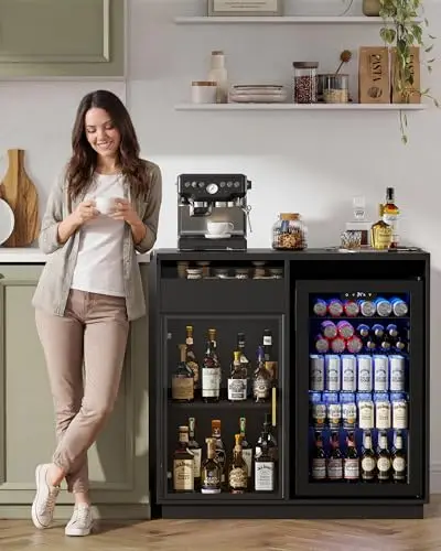 39" Coffee Bar Cabinet with Mini Fridge Space & LED Lights, Black | Mini Fridge Cabinet with Drawer & Storage Cabinet - view 3