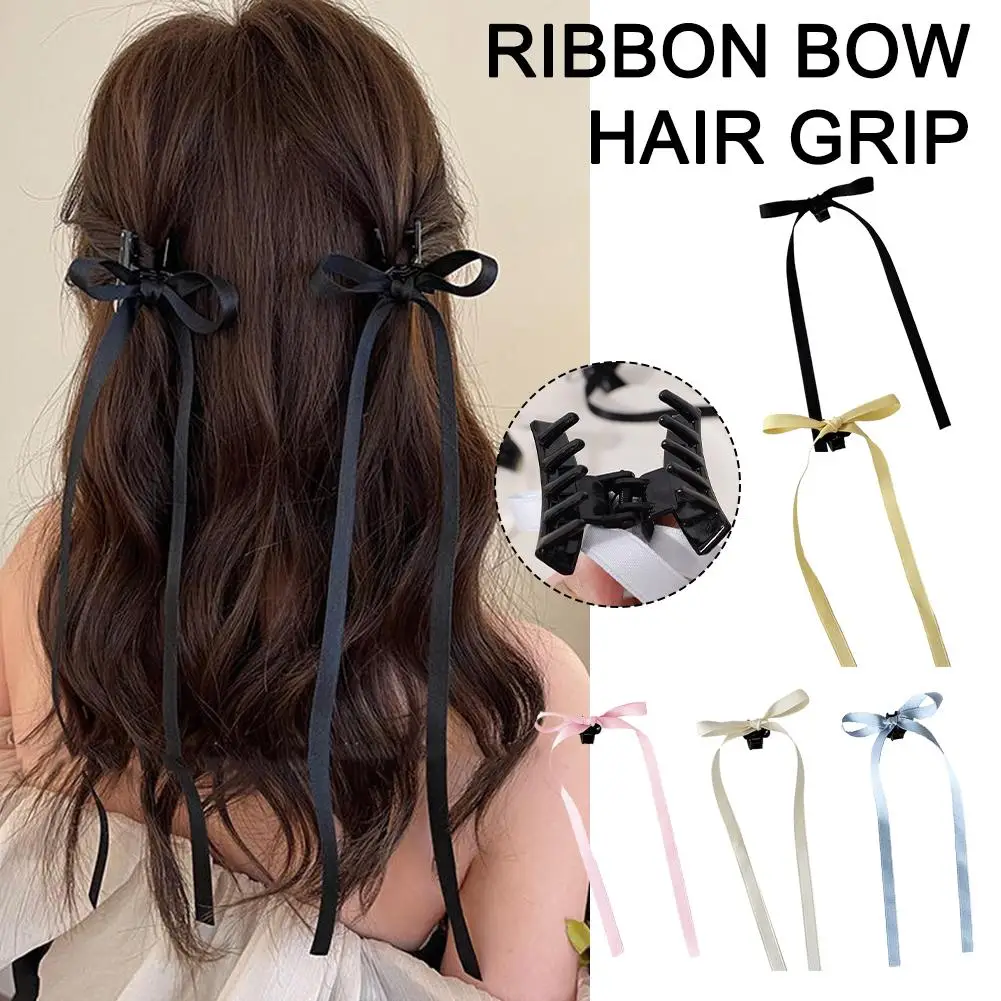 2pcs Korean Ribbon Bow Shark Clip Sweet Long Tassel Bowknot Hairpin for Women Ins Style Y2K Ponytail Hair Clip Hair Accesso D9N5