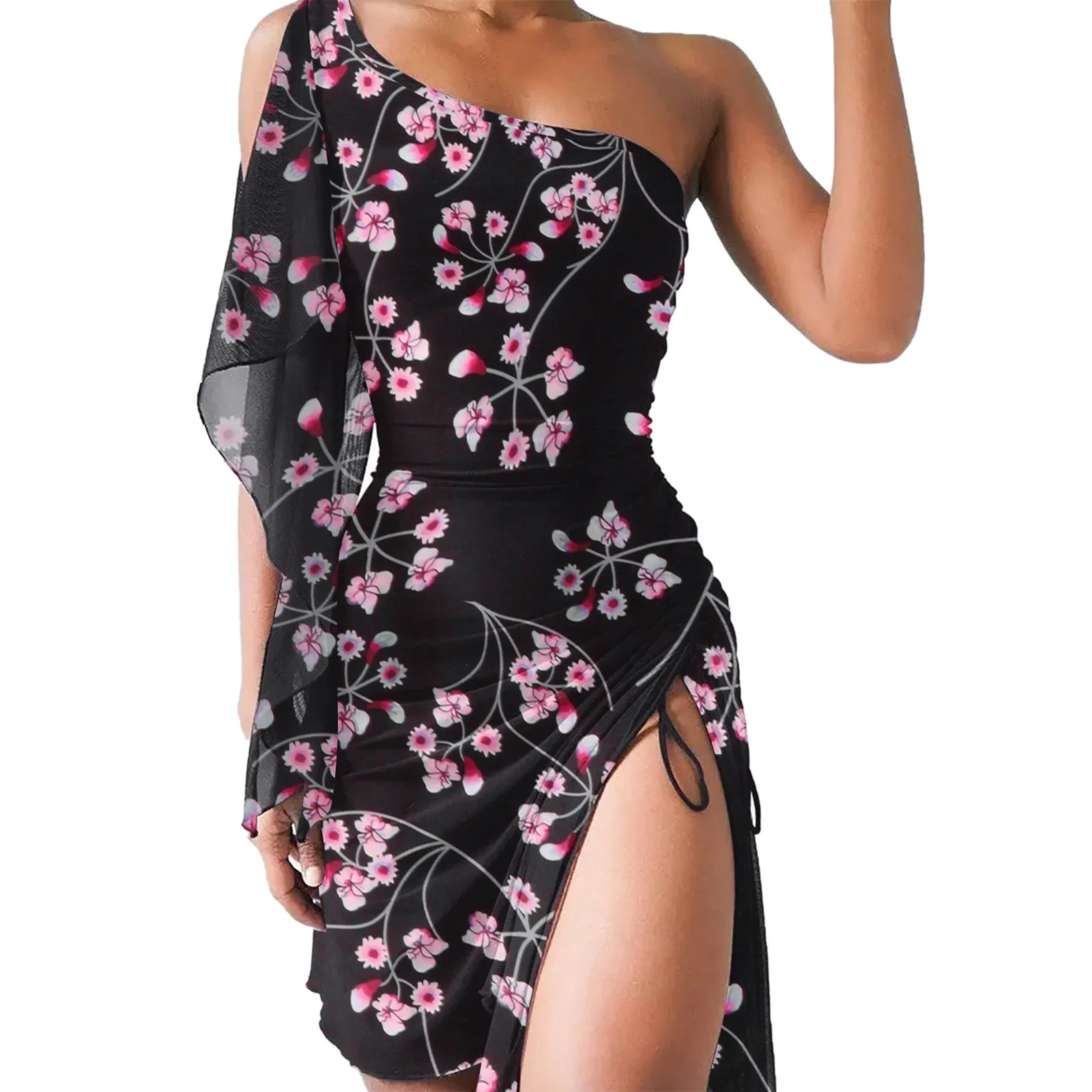 Vestido plisado de malla con hombros descubiertos para mujer, ropa de calle floral, corte ajustado, Verano