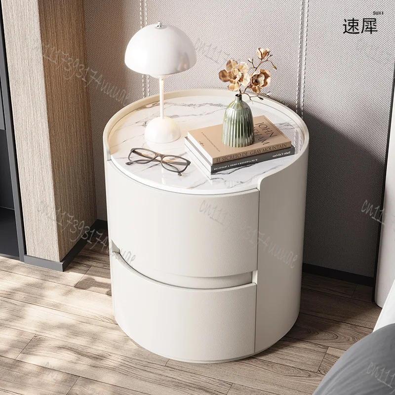 Creative Round Wooden Bedside Table Modern Style Living Room Side Storage Table PU Leather Bedroom Nightstands