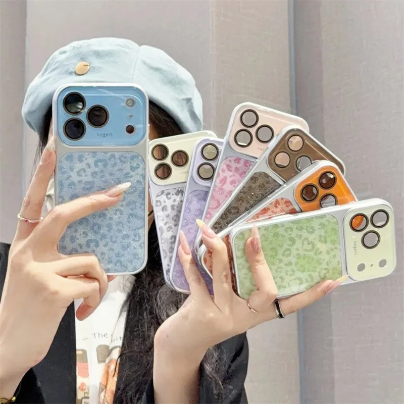Luxury Glitter Heart Leopard Print Crystal Lens Protect Case For iPhone 17 16 15 14 13 18 Pro Max Instantly Change Matte Cover view 6