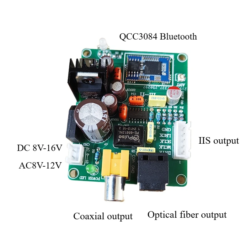 QCC3084 Bluetooth 5.4 Fibra Coaxial I2S Placa de Salida Digital DC 8-16V LDAC APTX HD