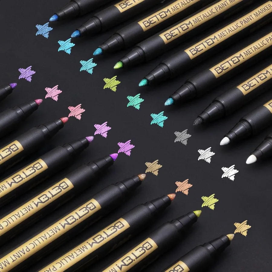 

Betem Metallic Paint Markers 18 Colors Acrylic Paint Markers for Black Paper2mm Medium Tips Metallic Glitter Pens for Scrapbook