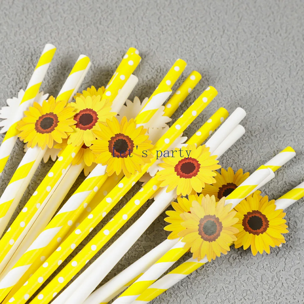 30pcs Sunflower Theme Party Disposable Paper Straws Flower Drinking Straws for Birthday Wedding Baby Shower Party Decoration