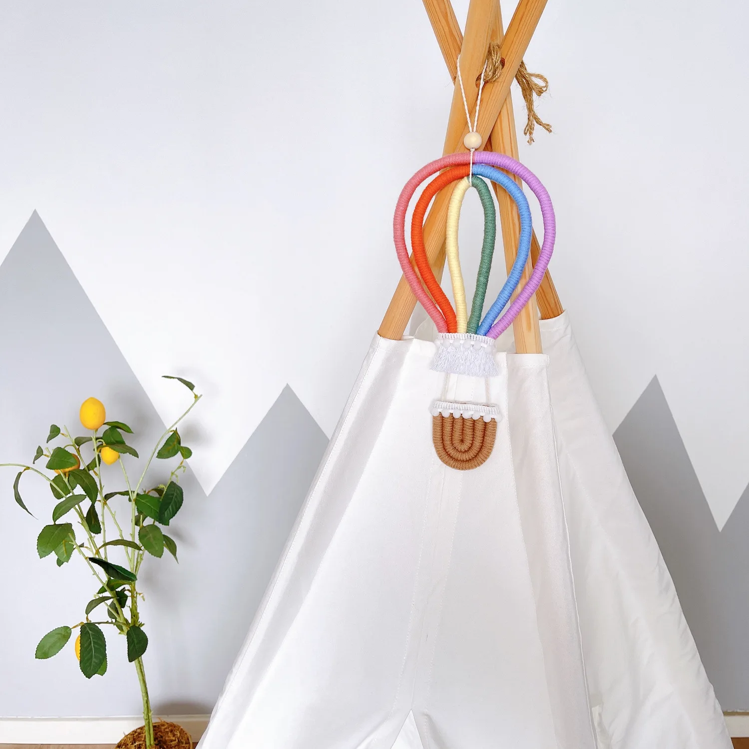 Nordic Woven Hot Air Balloon Wall Hanging Ornaments Pendant Baby Kids Room Macrame Rianbow Tapestry Nursery Decoration