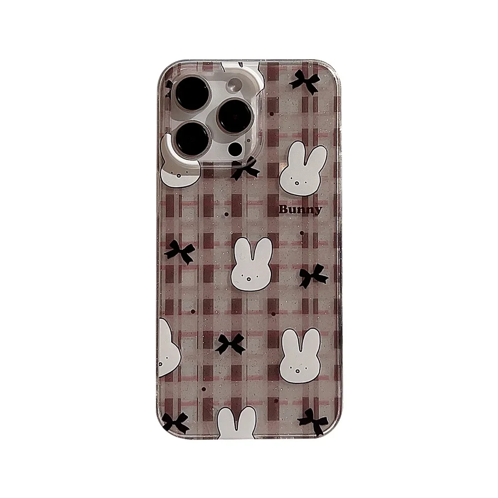 Funny Glitter bunny bow Retro Plaid Bracelet Phone Case For iPhone 17 air 16 15 14 13 12 11 Pro Max Xr Case Cute Cartoon Cover