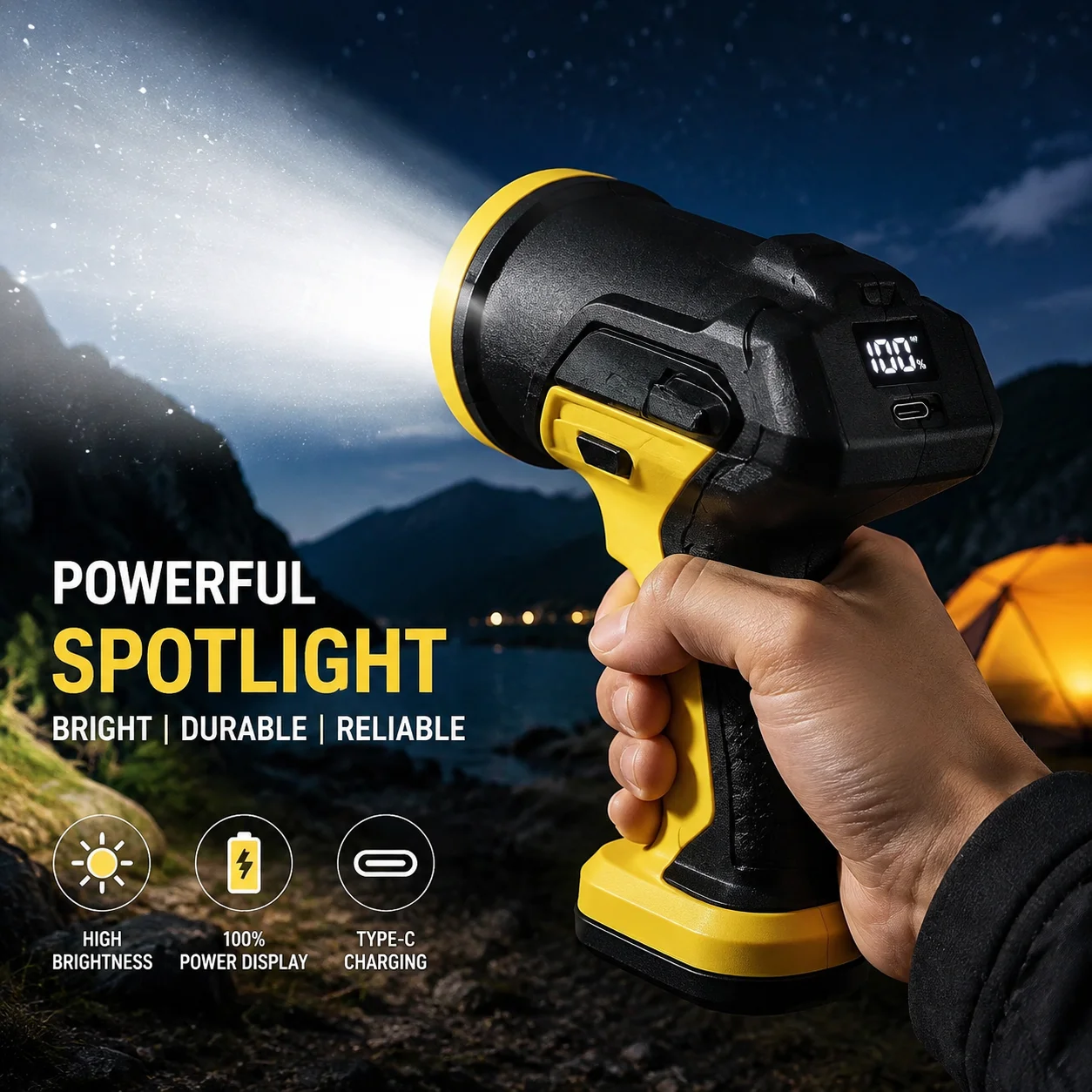 Pistol-Style High-Power Led Spotlight, Convenient Type-C Charging, Large Capacity Battery, Clear Power Indicator, Portable Lighting, Ergonomic Grip, Stable Vertical Placement Design