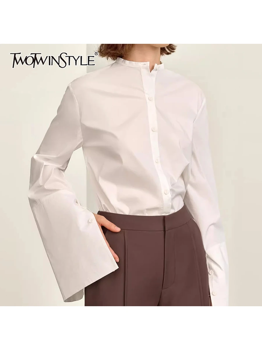 

TWOTWINSTYLE Solid Slimming Blouses For Women O Neck Long Sleeve Temperament Minimalist Elegant Blouses Female Fashion Style New