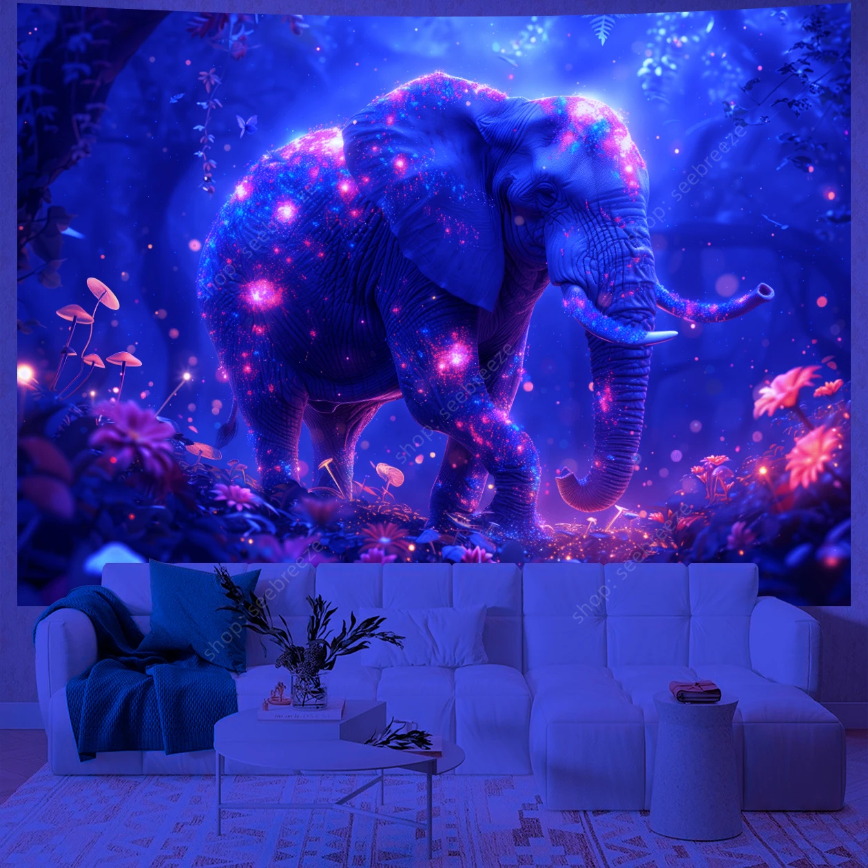 Elephant UV Reactive Tapestry Psychedelic Forest Flower Tapestry Wall Hanging for Kawaii Room Decor Aesthetic Bedroom Wall Decor