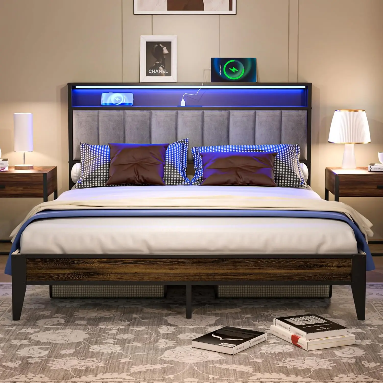 Cadre de lit double avec rangement et lumière LED, plateau de sauna, 1 type C et 2 stations de charge USB, plate-forme en métal