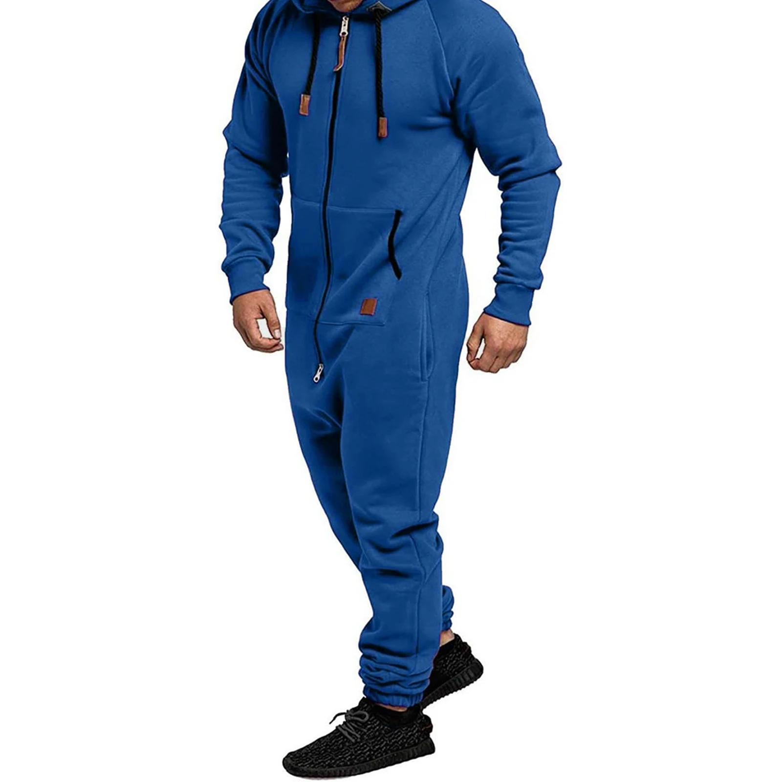 Men's Long Sleeve Full Zipper Up Overalls Sweatsuits with Drawstring Winter Hooded Jumpsuits with Pockets