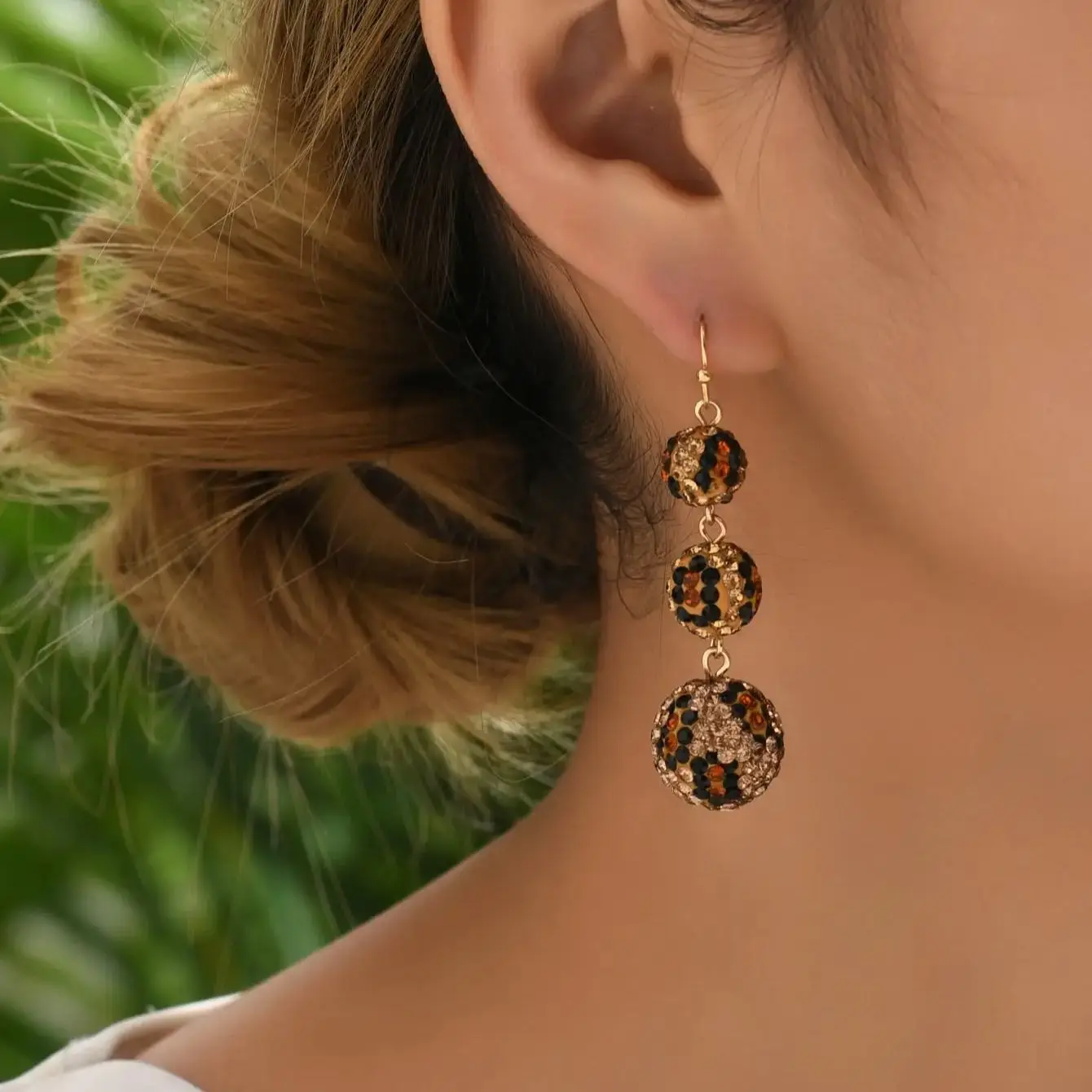 1pair Trendy Luxury Rhinestone Polymer Clay Leopard Print Ball Dangle Earrings，For Women Daily Decoration，Party，Dating Gift