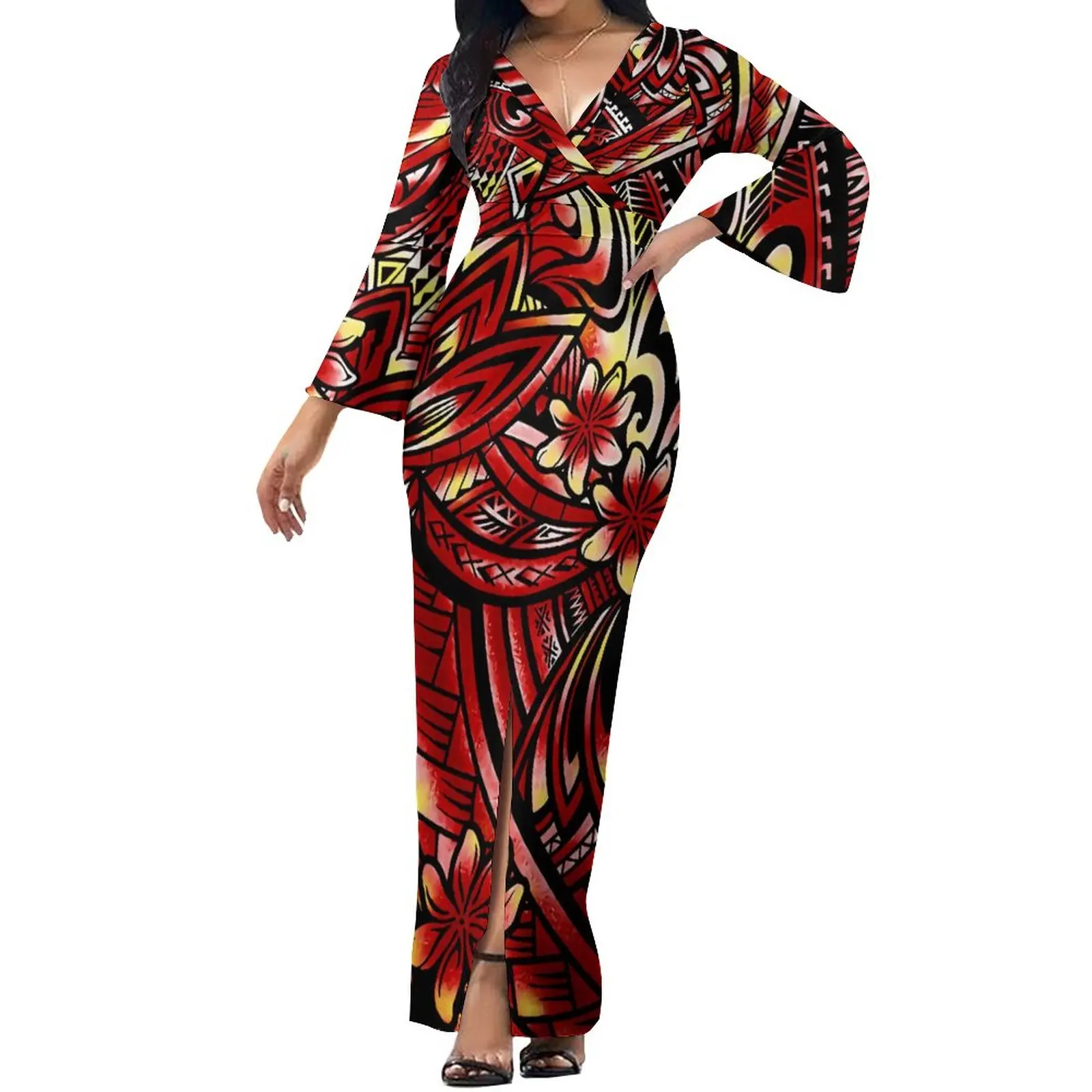 Polynesian Vintage Art Print Tribal Women's Dress Elegant V-neck Maxi Dress Custom Patterned Summer Long Sleeves Soft Fabric