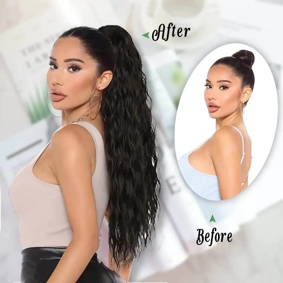 24inch Synthetic Natural Wavy Drawstring Ponytail Curly Wave Clip-In Hair Extension Organic Jerry Curly Pony Tail for Women