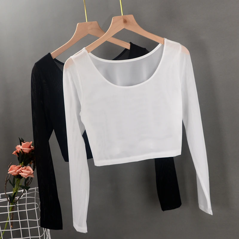 

Женская облегающая блузка с низким вырезом и кружевом, тонкая, с длинным рукавом, сетчатая, для ношения под одеждой, осенний стиль, для повседневной носки, с круглым вырезом